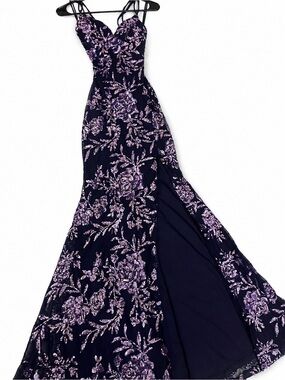 Windsor Navy & Purple sequin maxi dress with Lilac Sequin Floral Embroidery